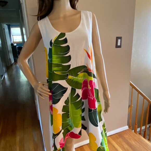 Island Planet 100% Rayon Tropical Floral Asymmetrical Cover Up Dress M/L - Picture 2 of 5